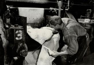 A very young War Baby is this sheet of synthetic rubber that isbeing cut by a worker