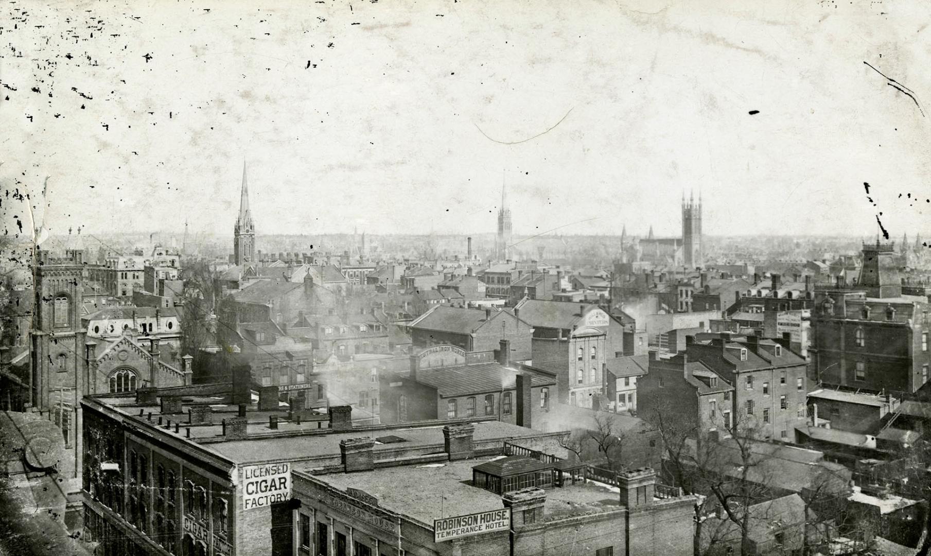 Toronto Downtown 1884 circa. Looking north east from roof of the Mail Building, King Street West, northwest corner Bay St
