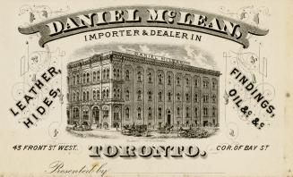 Illustration of the grand exterior of the Daniel McLean building with several horses and buggie ...