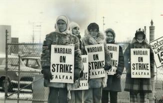Flight Attendants of Wardair picket outside hanger where one of the charter airline's planes is being checed