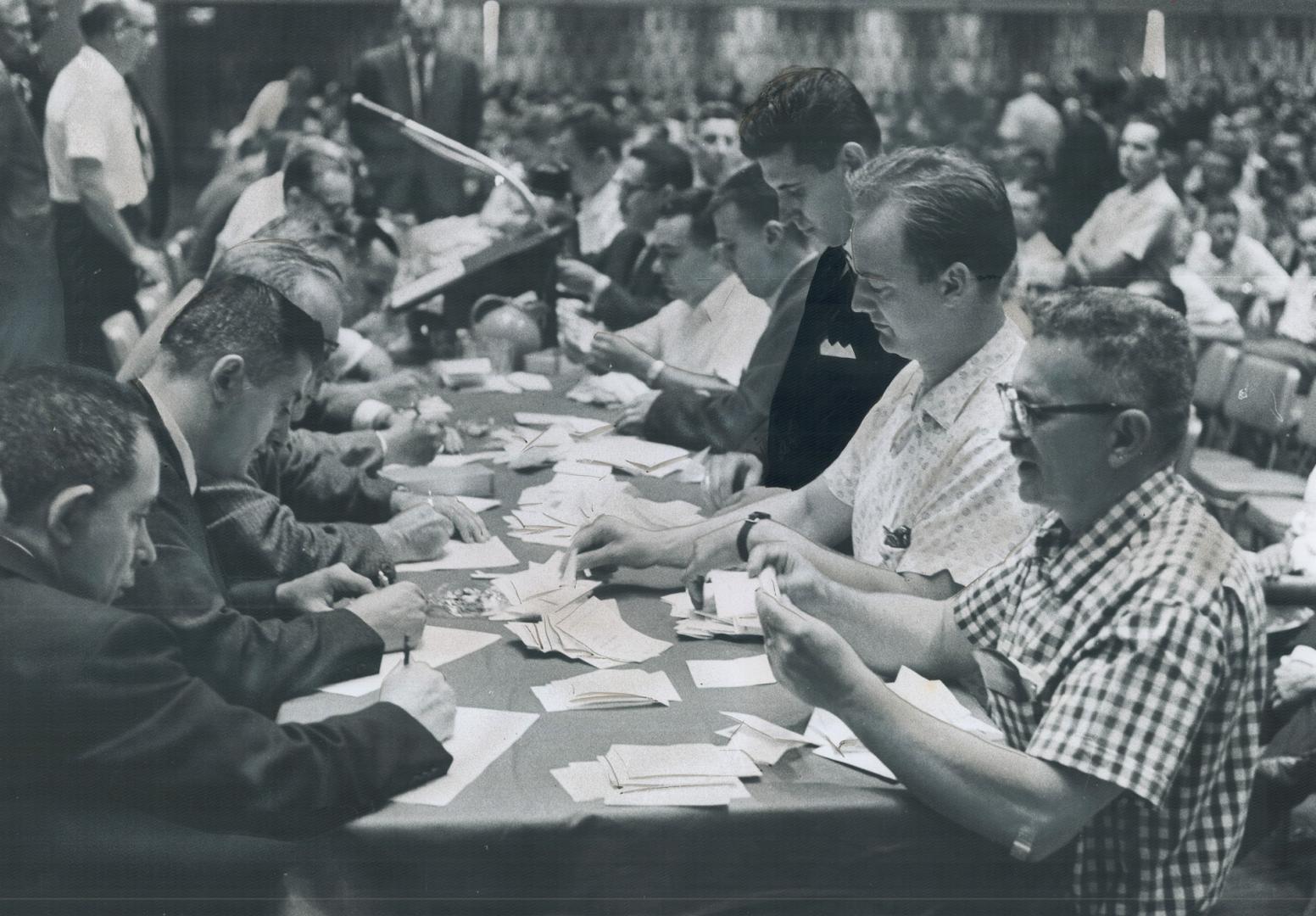 Votes counted at Royal York hotel to decide if inside postal workers would strike, The ballot count was 906 in favor of a strike and 286 opposed. Metro mail is tied up completely