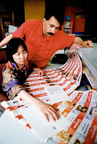 Boon for blind: Joan Yim and Mario Luciano, of Unviersal Braille, with labels containing braille notation printed with a silk-screen process developed by Yim