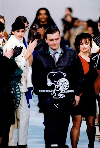 Fun fashion: Left, Jean-Charles de Castelbajac used Snoopy on his jacket and above, in coat made of stuffed Snoopys