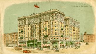 Illustration of the King Edward Hotel. Cars from circa 1910 era are pictured on the road as wel ...