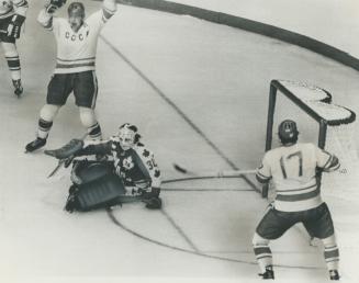 Its a goal for the Soviets...Alexander Gusev ties scores at 5-5 late in third period. Goalie Gerry Cheevers sits on ice after blistering shot from blueline squared the series
