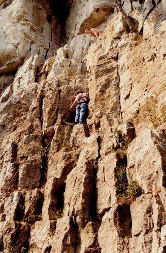 reporter Virginia Corner, assisted by Brian Hibbert above, inches up the rock face in her first climb