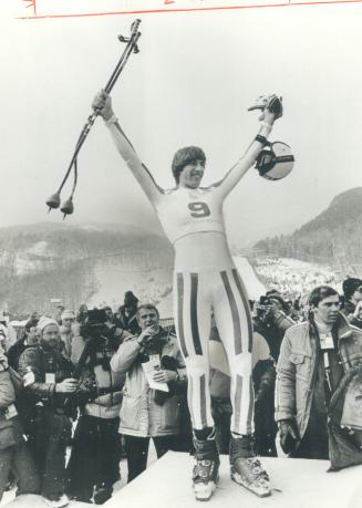 Golden moment: Austrian skier Loenhard Stock, a last-minute addition, raises his arms in triumph after winning the gold medal in the men's down-hill at Lake Placid Winter Olympics