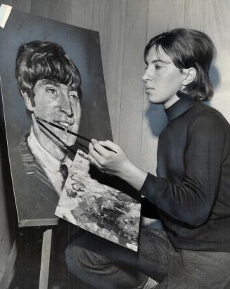 A Beatle in oil. High school student Myra Lowenthan finishes ohn Lennon painting, one of 30 Beatle works she's done and will present to group on Monday