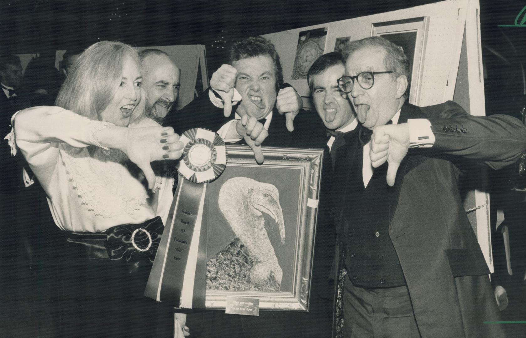 A realy Turkey: Chris Lloyd (left), Doug Tardif, David Wales, Gerrard Tardif and Manny Batler, all agree this painting, entitled Chestunts Resting On An Oven Fryer, is for the birds
