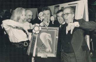 A realy Turkey: Chris Lloyd (left), Doug Tardif, David Wales, Gerrard Tardif and Manny Batler, all agree this painting, entitled Chestunts Resting On An Oven Fryer, is for the birds