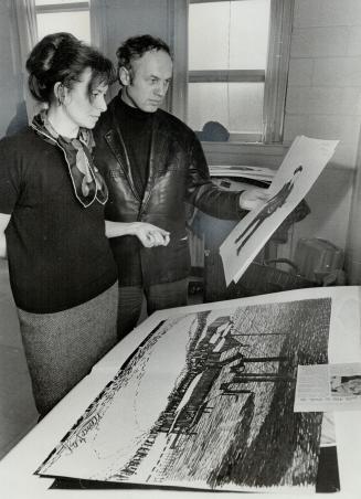 Newly arrived from Czechoslovakia Tony and Alga Dimitrov are shown with Tony's sketch of the concentration camp kitchen in northern Bohemia where he s(...)