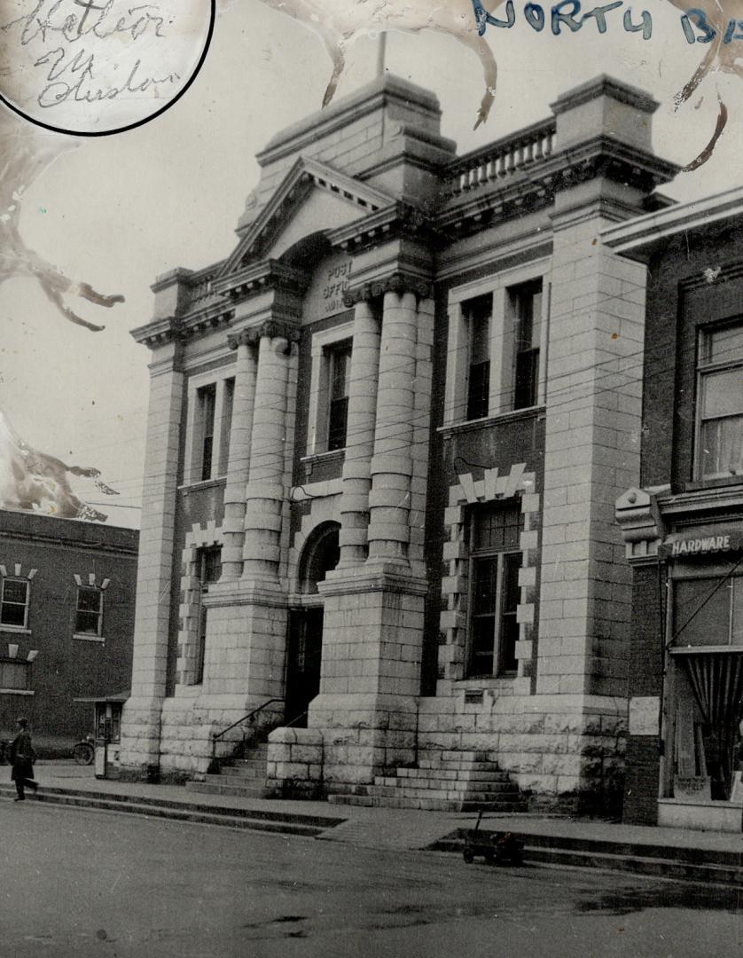 The handsome white granite post office at North Bay, Ont