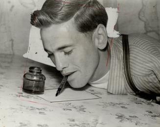 Pen in mouth, Bert Rouse, 21, was one of best penmen in class at school