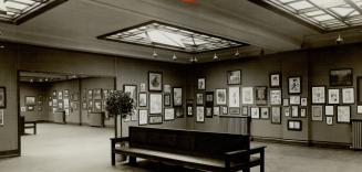 Toronto Public Library, Central Library, College Street, northwest corner of St. George Street; Interior, gallery, showing art exhibition.