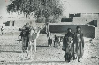 In the ancient city of Timbuktu, two men and their camel head home to their village after market day
