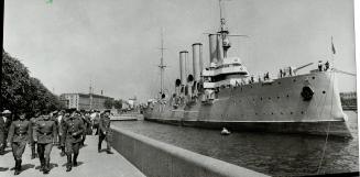 The cruiser Aurora sits in Leningrad Harbor, a cherished relic of the October Revolution