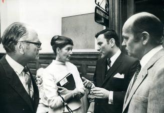 Callwood in court: Rabbi W. G. Plaut, June Callwood, her lawyer Joe Pomerant and Dalton Camp are shown outside magistrates' court today where Miss Cal(...)