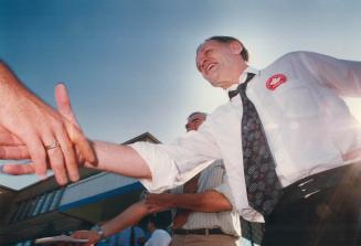 Chretien at G M Oshawa during Liberal Cathy O'Flynn's campaign in Aug 13/90 By-election