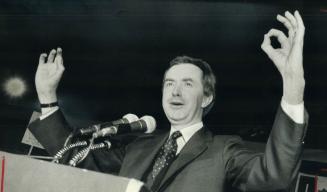 Goose eggs: Prime Minister Joe Clark forms zeros with his hands to show 3,500 Tories in Etobicoke last night how many policies the Liberals have
