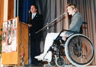 Dramatic appeal: Model Wendy Crawford, who was left a quadriplegic after a car crash, speaks out against drunk driving in-presentation to Scarborough high school students yesterday