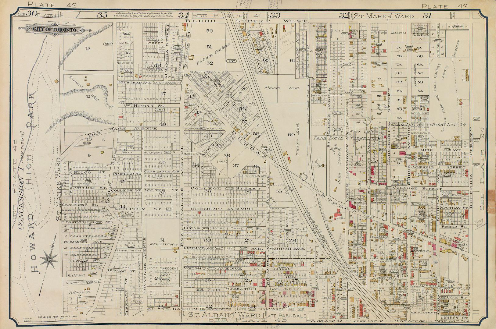 Atlas of the city of Toronto and vicinity from special survey founded on registered plans and showing all building and lot numbers.