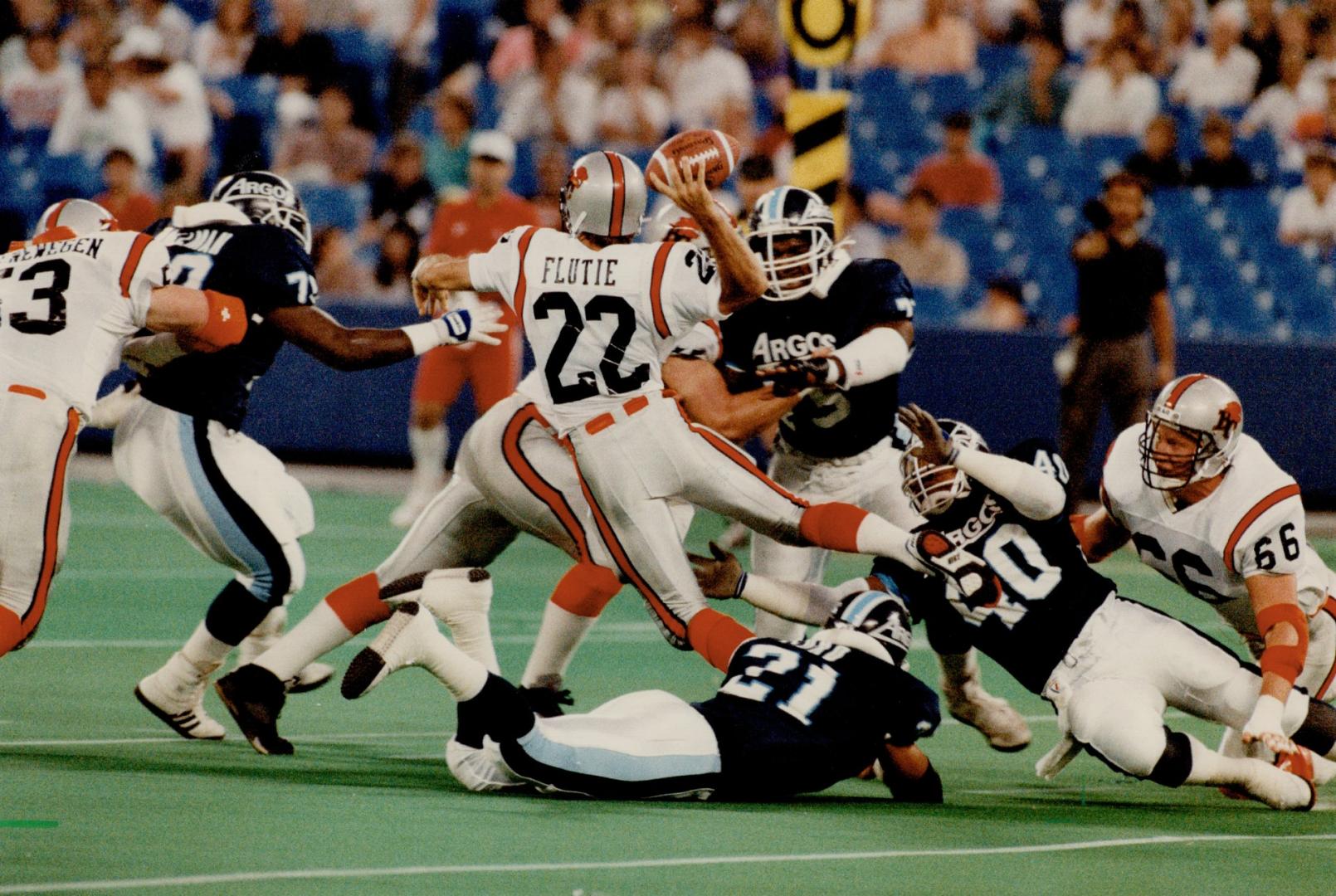 Heap of trouble: B. C. Lions pivot Doug Flutie found himself in a lot of hot water early in the second quarter of yesterday's game. He was picked off (...)