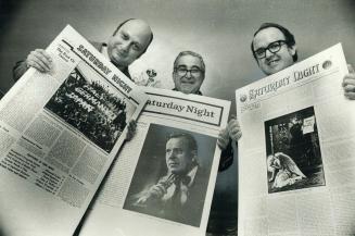 Another enterprise rescued, millionaire Arthur Gelber (centre) holds photostat of old Saturday Night magazine pages at press conference with William N(...)
