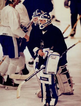 Double Trouble: Beleaguered Maple Leaf goalies Grant Fuhr (foreground) and Jeff Reese skated out their problems yesterday during workout at Gardens