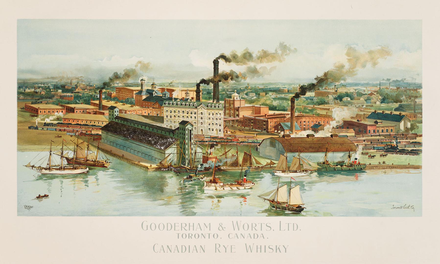 Image shows a factory with a number of chimneys by the lake.