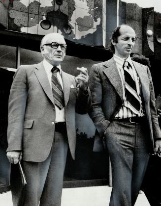 Psychiatrists J. D. Atcheson (left) and Gordon E. Warme stand outside the Peel County Court House, where they told an inquest that gunman Michael Slob(...)