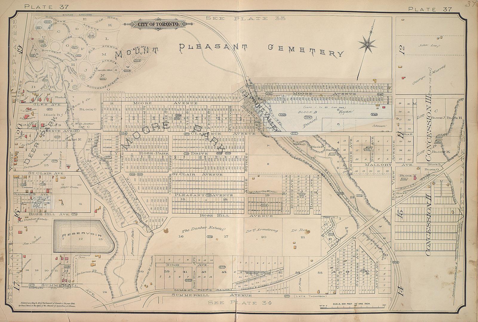 Image shows a detailed map of lots south of the Mount Pleasant Cemetery.