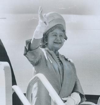 Waving goodby at the lamp of the Armed Forces jet that took her home, the Queen Mother ends her week's visit to Canada