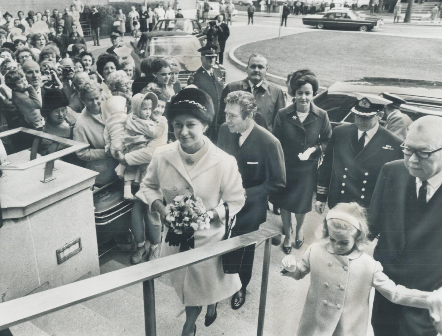 Touring hospital which bears her name, Princess Margaret and Lord Snowdon enter the Princess Margaret Hospital today