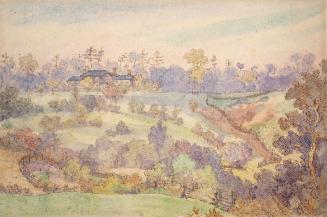 Painting shows a lot of trees and a house in the background.
