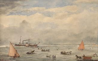 Image shows a few boats and some people on the ice.