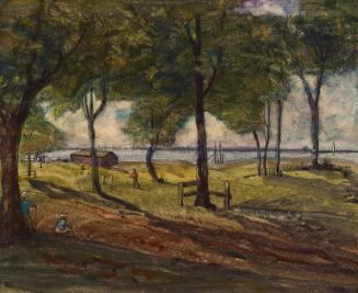 Image shows a number of big trees, some people walking around and a building by the water.