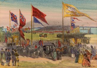 Image shows a group of people gathered for a ceremony with a lot of flags around.
