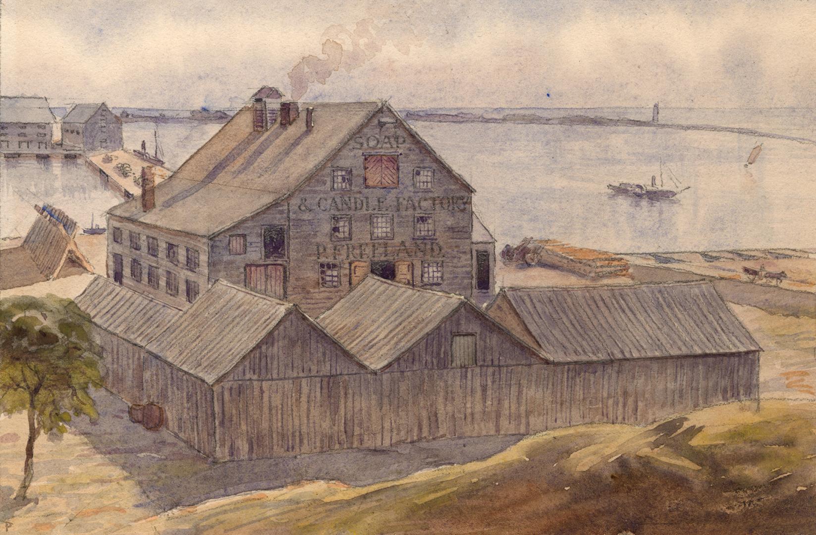Image shows a few waterfront buildings with a sign "Soap & Candle Factory".