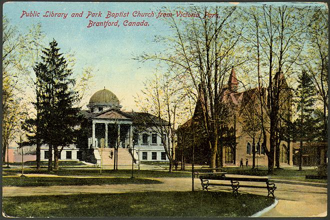 Public Library and Park Baptist Church from Victoria Park, Brantford, Canada