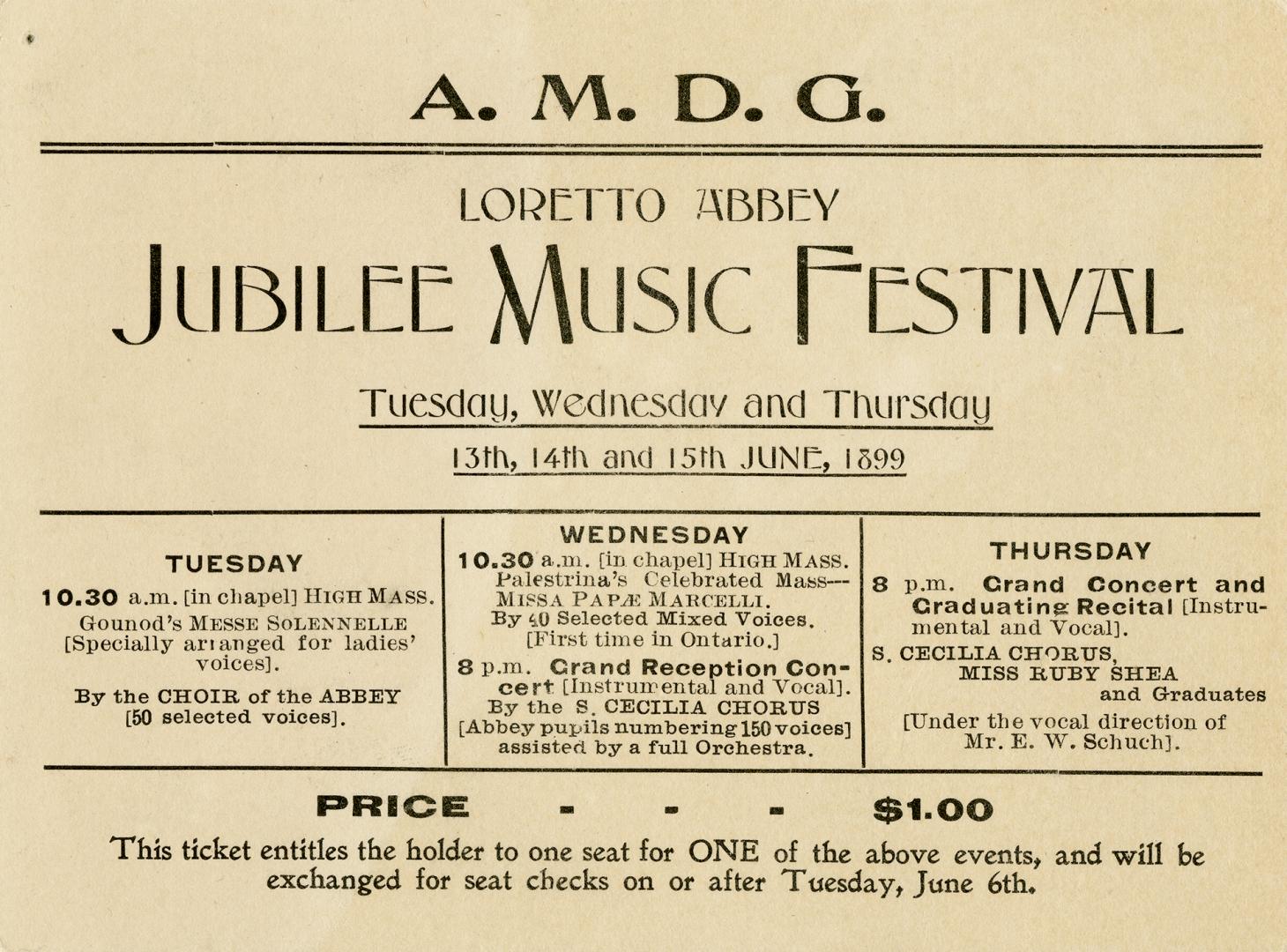 Loretto Abbey jubilee music festival Tuesday, Wednesday and Thursday, 13th, 14th and 15th June, 1899