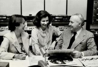 Shots of Clyde Gilmour with the producer of his radio programme Jana Gonda (left) and his announcer Jan Tennant