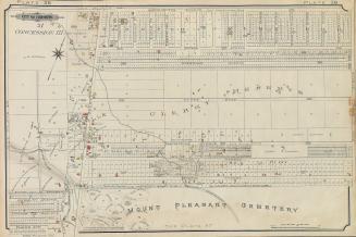 Image shows a map of some areas north and west from the Mount Pleasant Cemetery.