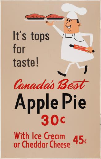 Cartoon image of a male chef walking and holding up a platter with two apple pies in his right  ...