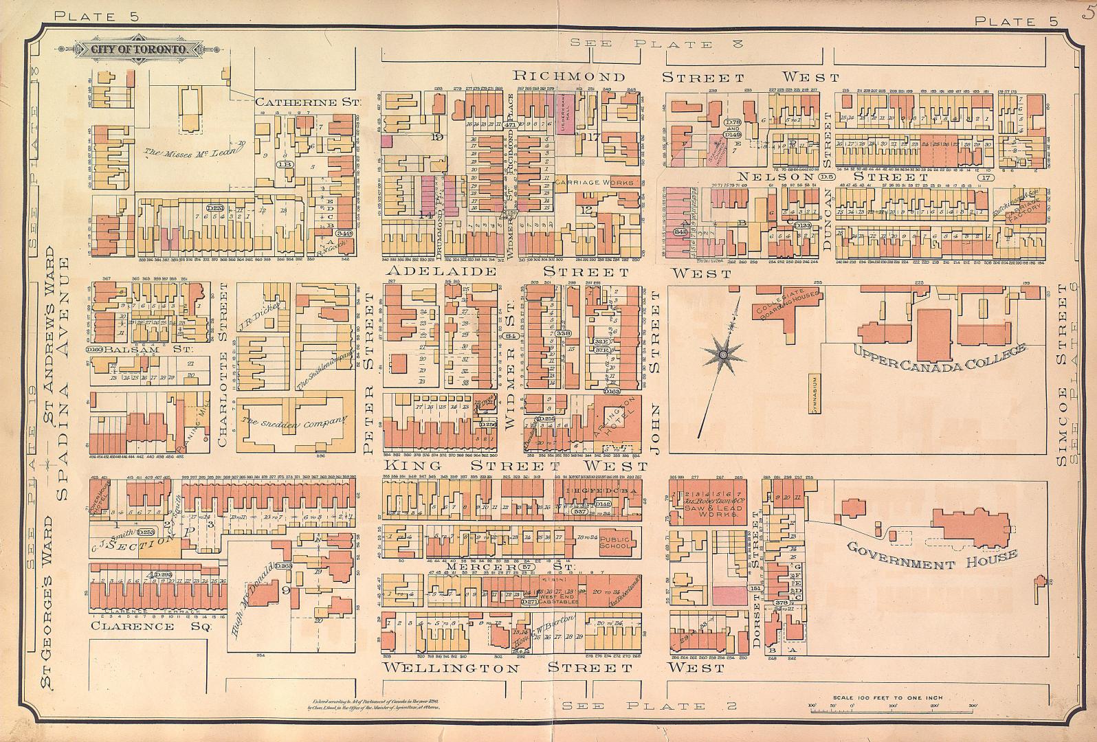 Atlas of the city of Toronto and vicinity from special survey founded on registered plans and showing all building and lot numbers.