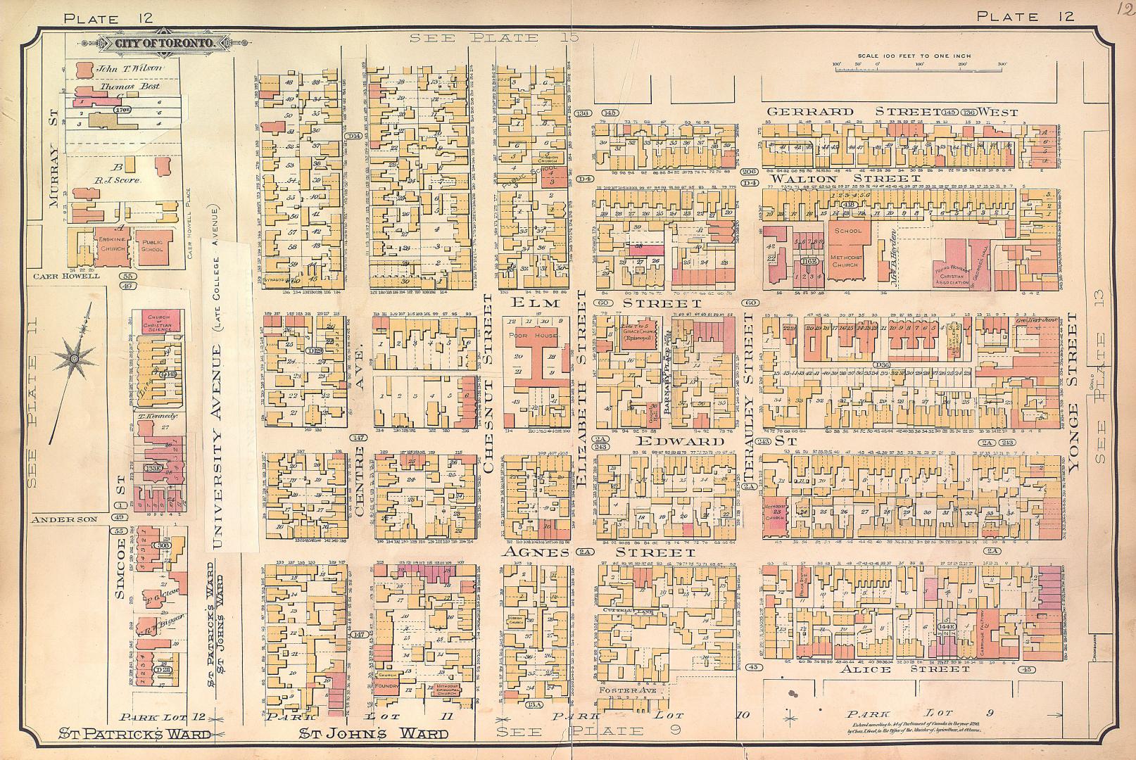 Atlas of the city of Toronto and vicinity from special survey founded on registered plans and showing all building and lot numbers.