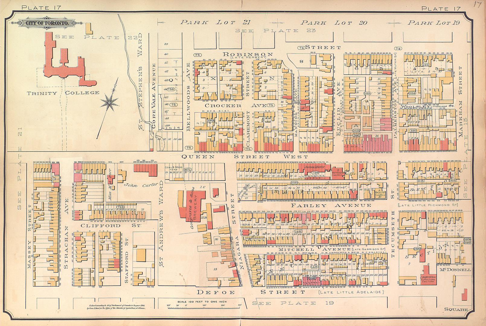 Atlas of the city of Toronto and vicinity from special survey founded on registered plans and showing all building and lot numbers.