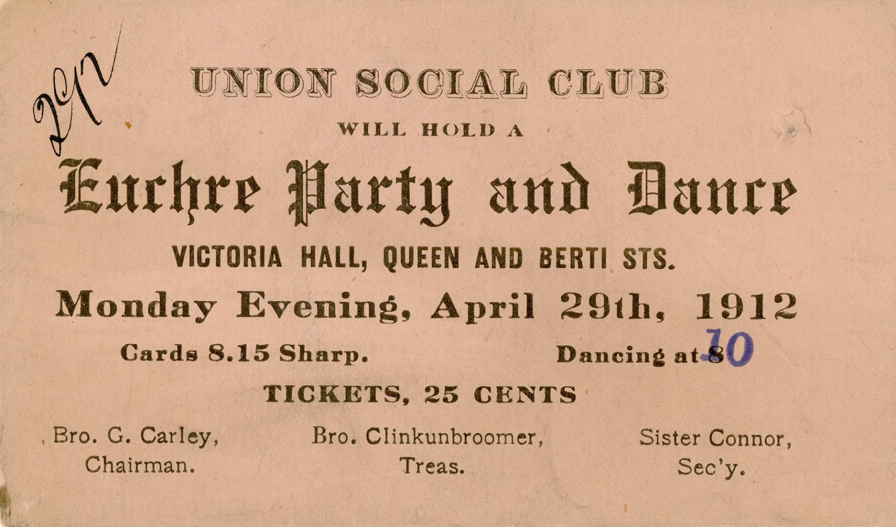 Union Social Club will hold a euchre party and dance, Victoria Hall, Queen and Berti Sts