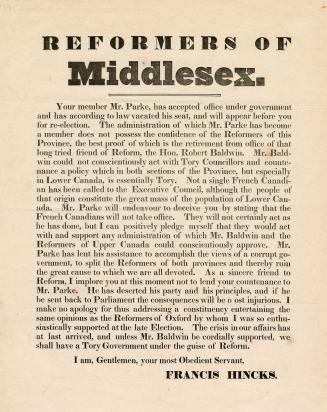 Reformers of Middlesex : your member Mr. Parke, has accepted office under government and has according to law vacated his seat, and will appear before you for re-election