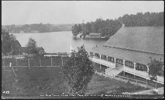 Ball Room, Tennis Court & Bay from Monteith House, Rosseau, Muskoka Lakes
