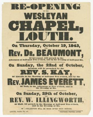 Re-opening of the Wesleyan chapel, Louth, on Thursday, October 19, 1843, the Rev